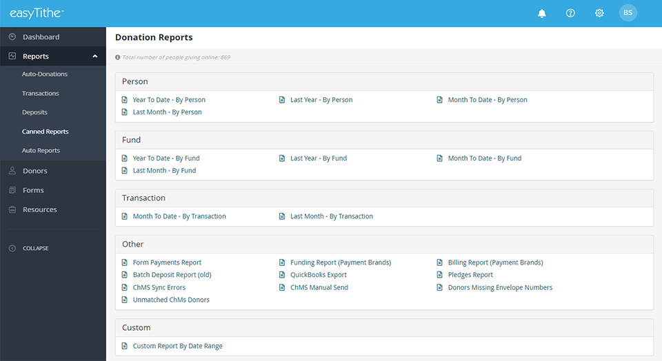 Donation Reports screen, easyTithe Dashboard